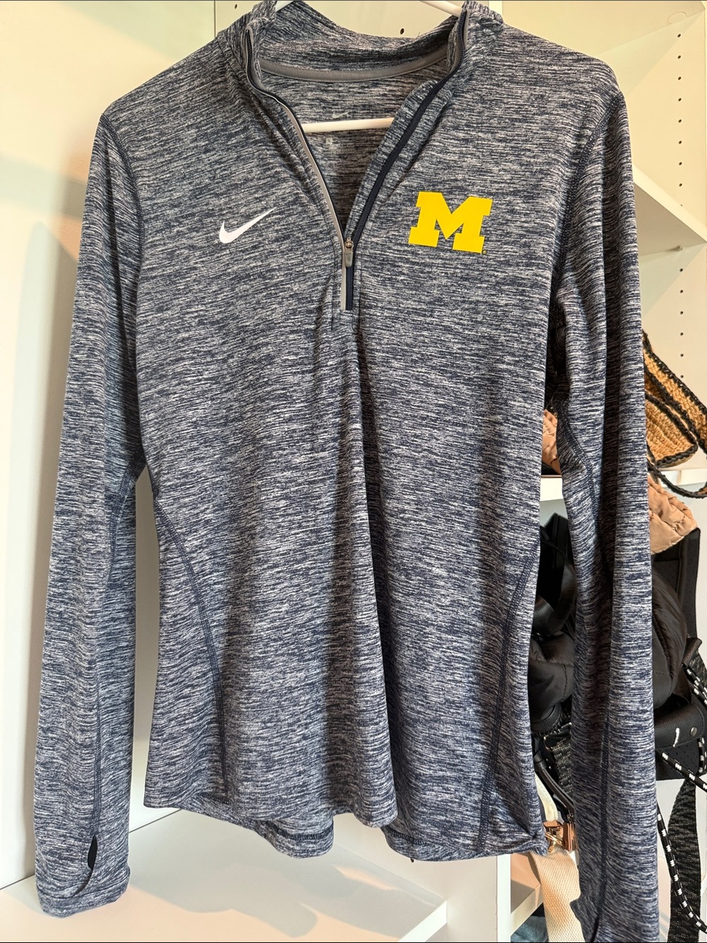 Nike Heather Gray Quarter-Zip Pullover with Yellow 'M' and White Swoosh